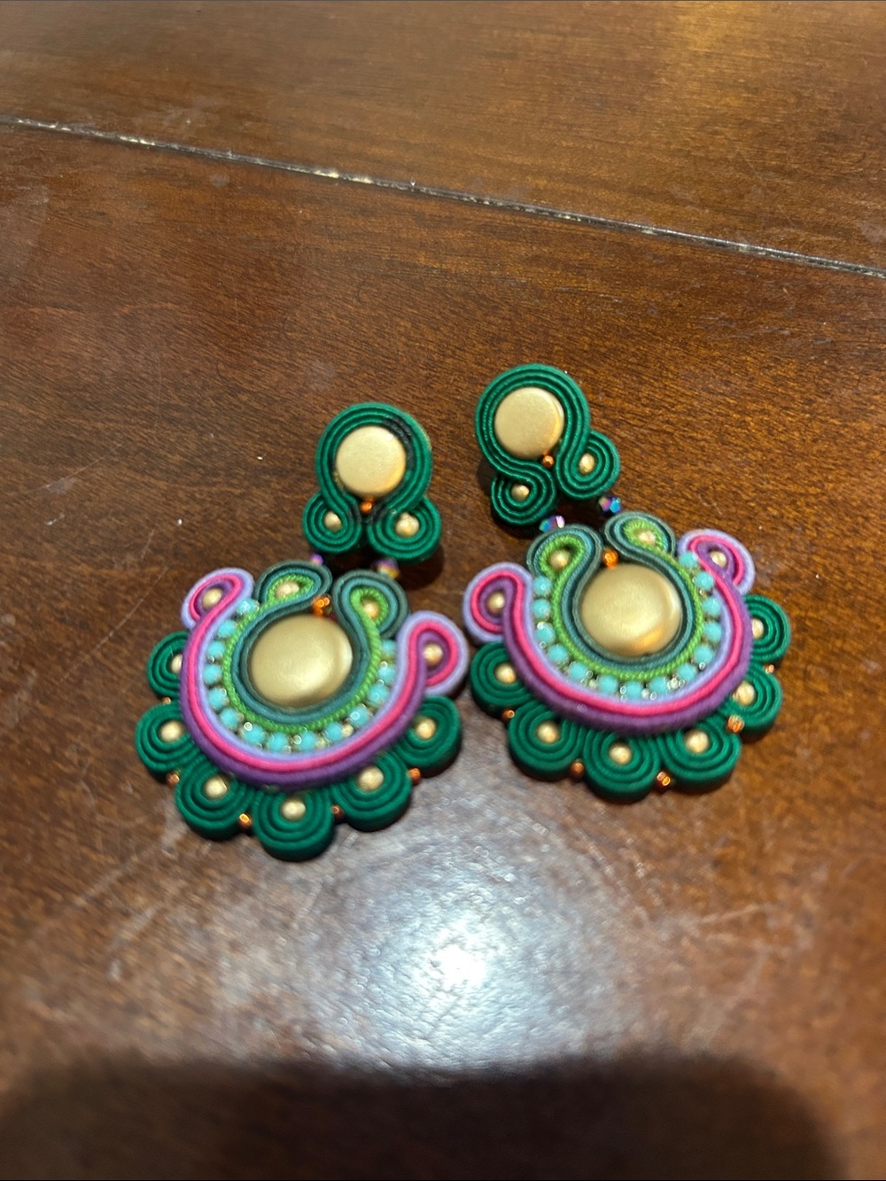 Handcrafted Gold, Green, Pink, and Blue Statement Drop Earrings
